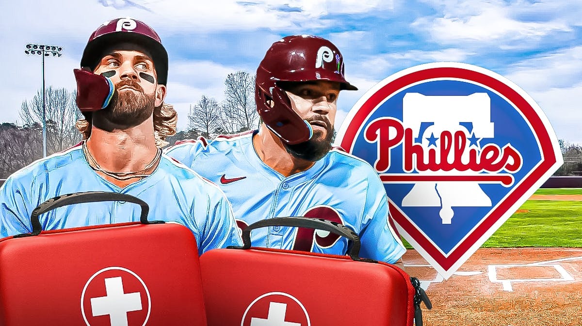Phillies' Bryce Harper and Kyle Schwarber with medical kits in front of them