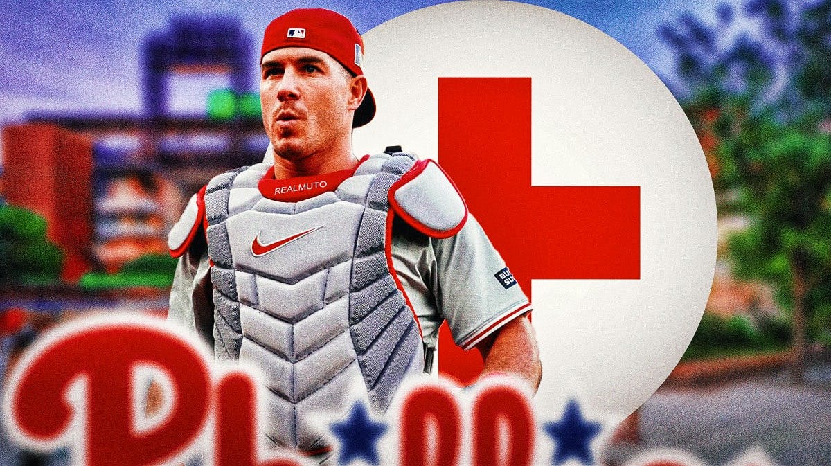 J.T. Realmuto with injury symbol. Citizens Bank Park in background