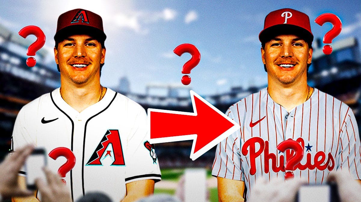 Jake McCarthy on one side in an Arizona Diamondbacks uniform with an arrow pointing to Jake McCarthy on the other side in a Philadelphia Phillies uniform, a bunch of question marks in the background