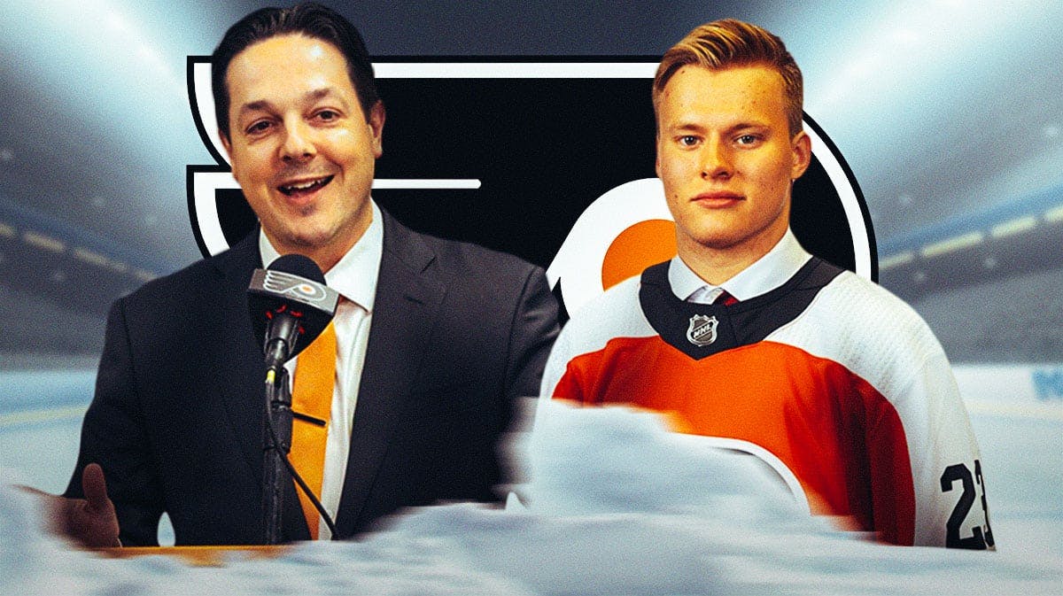 Matvei Michkov and Danny Briere both looking happy, Philadelphia Flyers logo, hockey rink in background