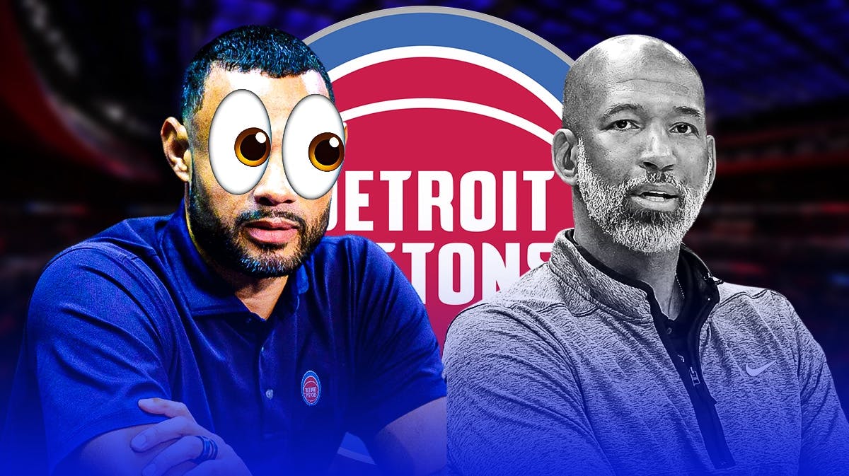 Pistons Trajan Langdon with emoji eyes looking at a black and white Monty Williams