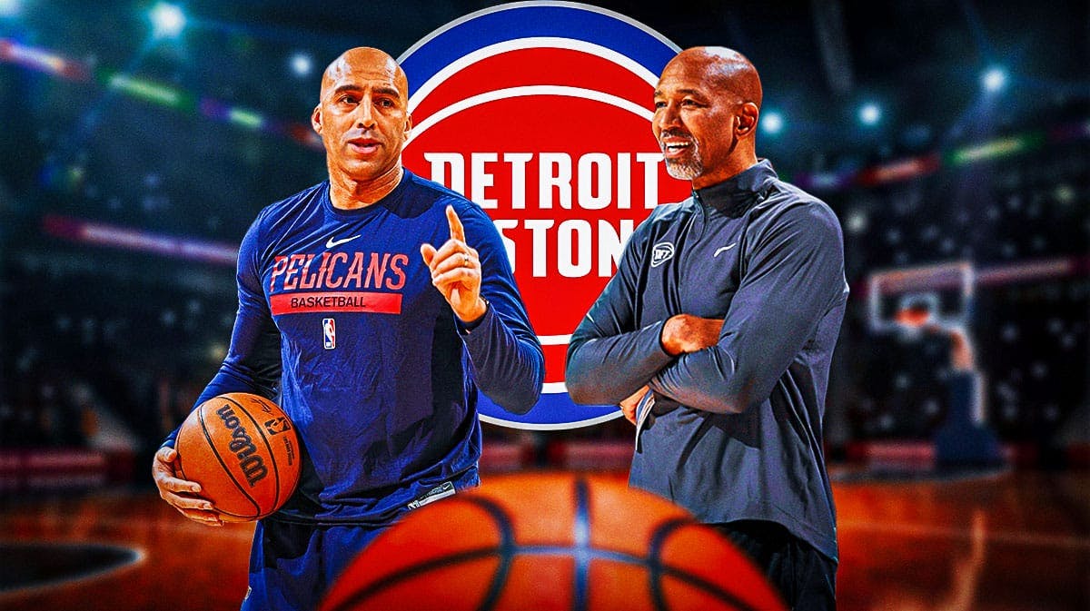 Fred Vinson and Monty Williams both in image looking happy, Detroit Pistons logo in middle, basketball court in background