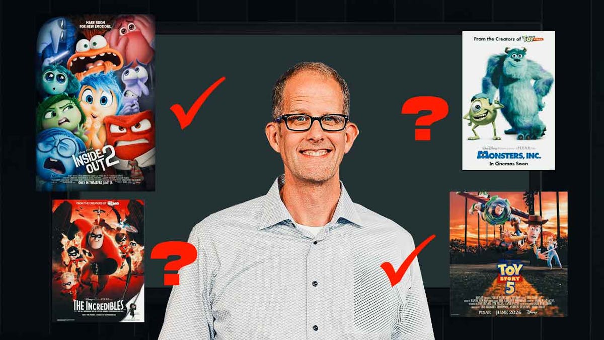 Pixar chief creative officer Pete Docter, Inside Out 2 poster, check mark, Incredibles 2 question mark, Monsters, Inc., question mark, Toy Story 5, check mark