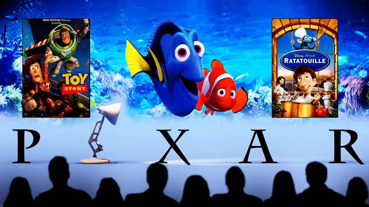 Posters of Toy Story and Ratatouille; Dory and Nemo; Pixar logo, silhouette of people