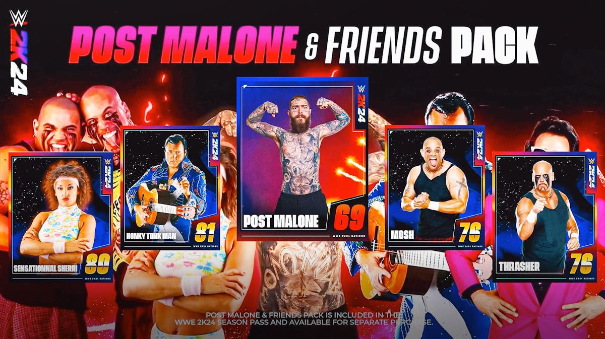 WWE 2K24 Post Malone and Friends Pack Release Date Price Details Honky Tonk Man Post Malone Sensational Sherri Headbangers Mosh Thrasher Jimmy Hart