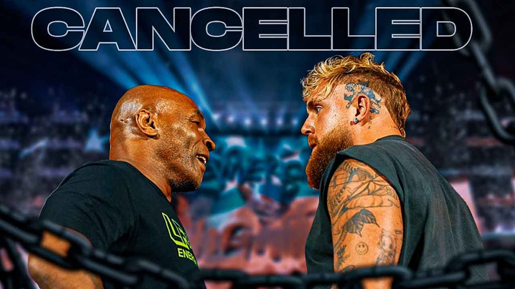 Mike Tyson and Jake Paul face-to-face with a transparent sign that says "cancelled" on top of it.