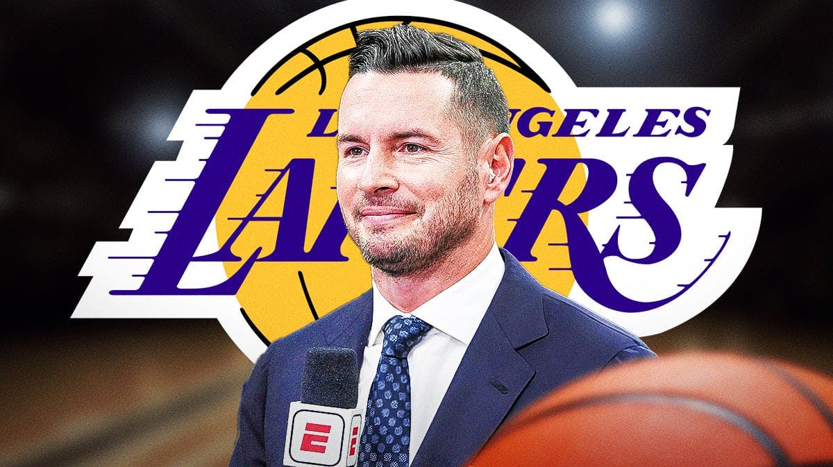 JJ Redick in image looking hopeful, Los Angeles Lakers logo, basketball court in background
