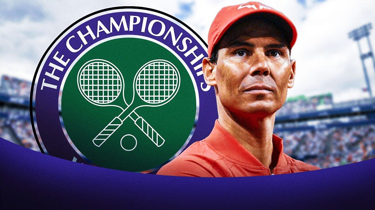 Rafael Nadal next to Wimbledon logo