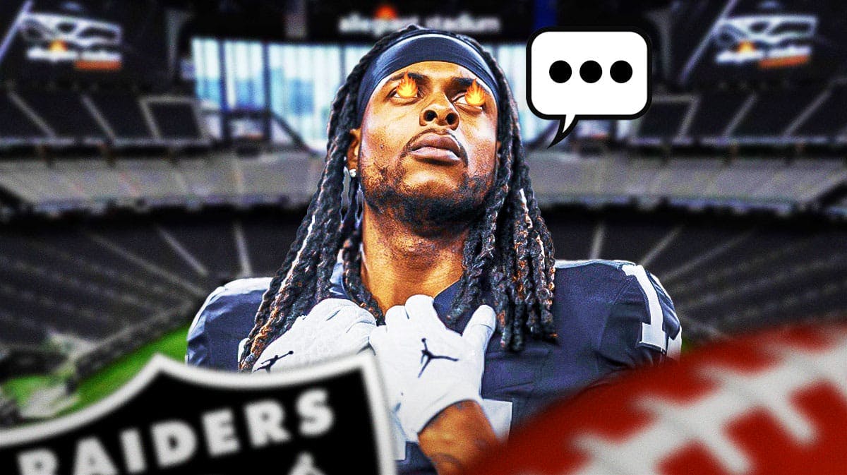 Las Vegas Raiders wide receiver Davante Adams with fire emojis over his eyes and a speech bubble with the three dots emoji inside. There is also a logo for the Las Vegas Raiders.