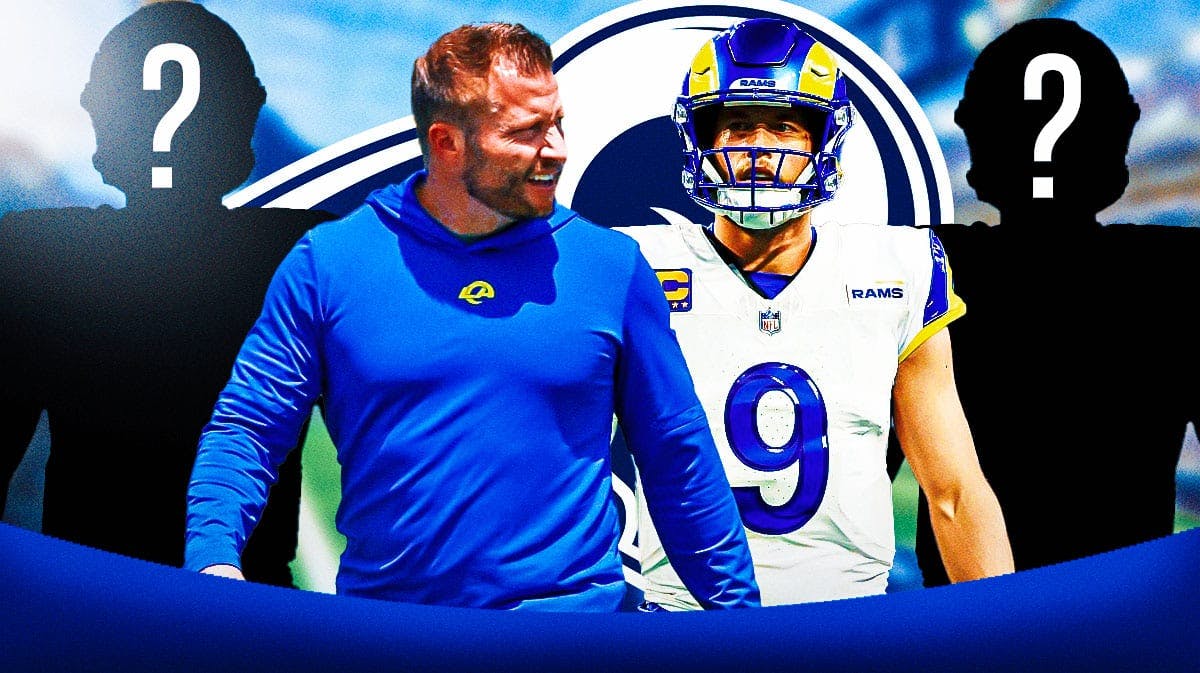 Los Angeles Rams head coach Sean McVay with QB Matthew Stafford and two silhouettes of American football players with question mark emojis inside. There is also a logo for the Los Angeles Rams.