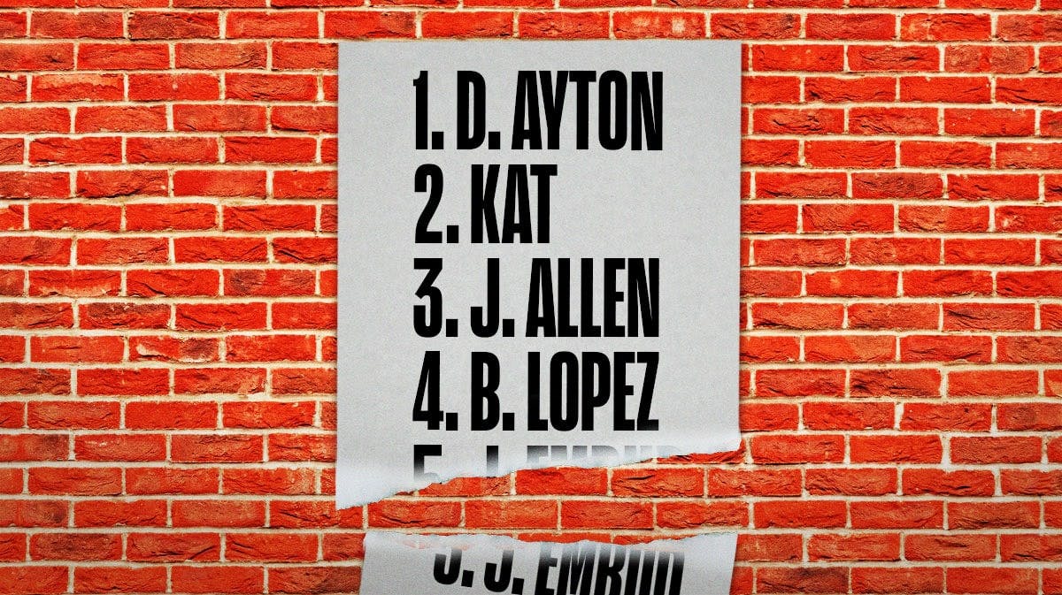 A billboard Top 10 Hits type of chart 1. D. Ayton 2. KAT 3. J. Allen 4. B. Lopez 5. J. Embiid