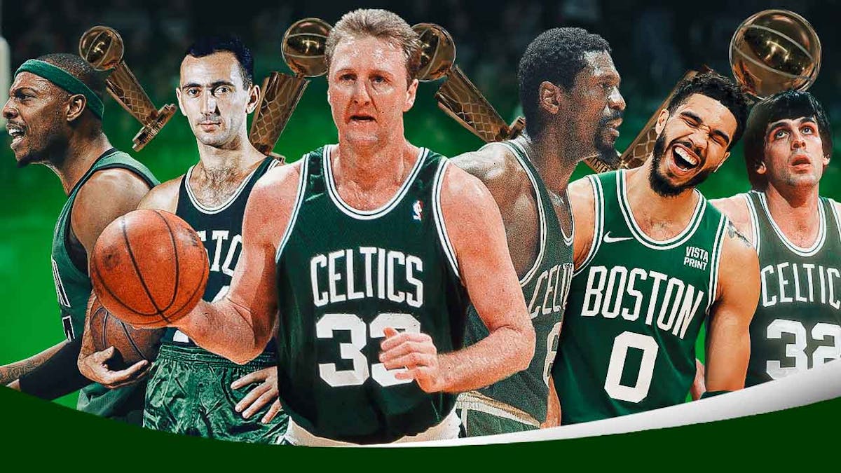Larry Bird, Bob Cousy, Bill Russell, Kevin McHale, Paul Pierce, Jayson Tatum all together playing for the Celtics. Celtics logo in background. 18 Larry O'Brien trophies around the graphic.