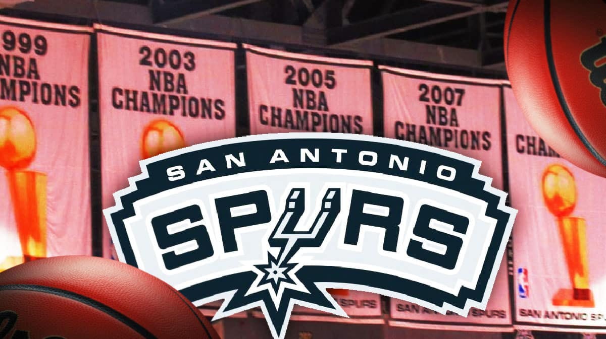 San Antonio Spurs logo, an image of their five NBA championship banners