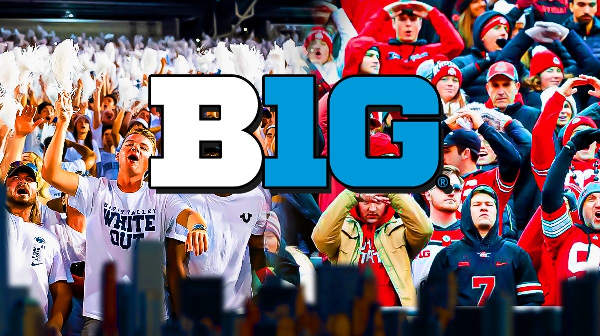 Big Ten logo with Penn State football fans in White Out game and Ohio State football fans at game at Ohio Stadium