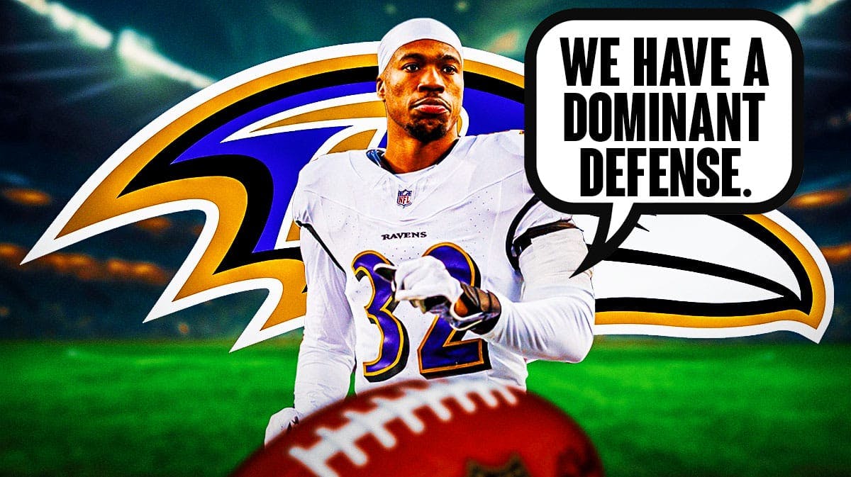 Baltimore Ravens safety Marcus Williams with a speech bubble that says “We have a dominant defense.” There is also a logo for the Baltimore Ravens.
