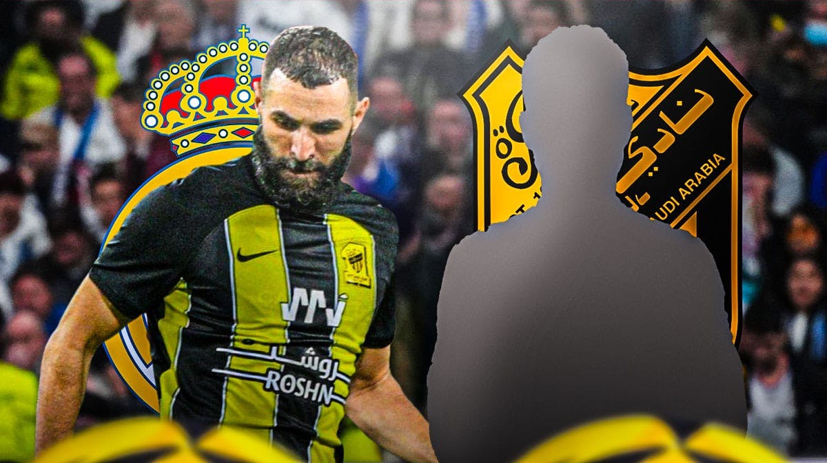 The silhouette of Nacho Fernández next to Karim Benzema, the Real Madrid and Al-Ittihad logos behind them