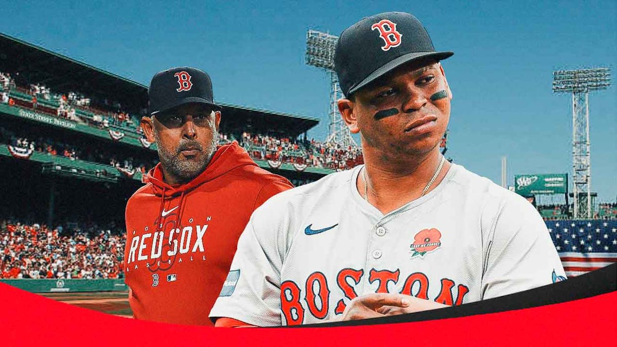 Alex Cora, Rafael Devers looking serious. Angry emojis all over. Fenway Park in the background