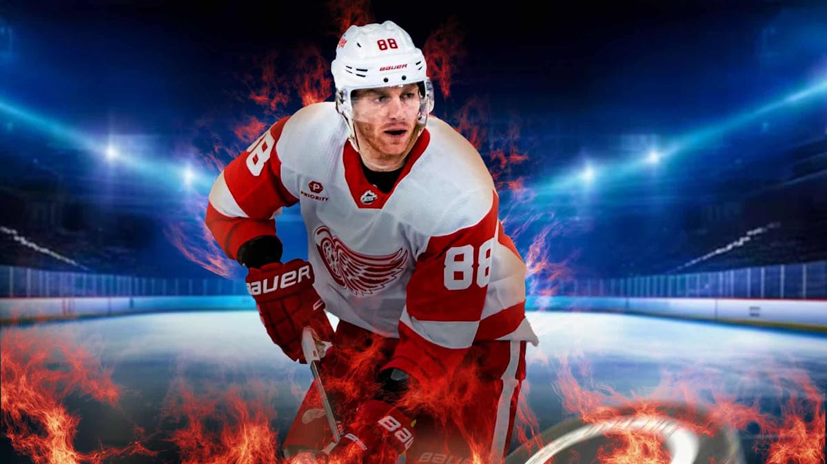 Patrick Kane in a Red Wings uniform with flames coming off of him