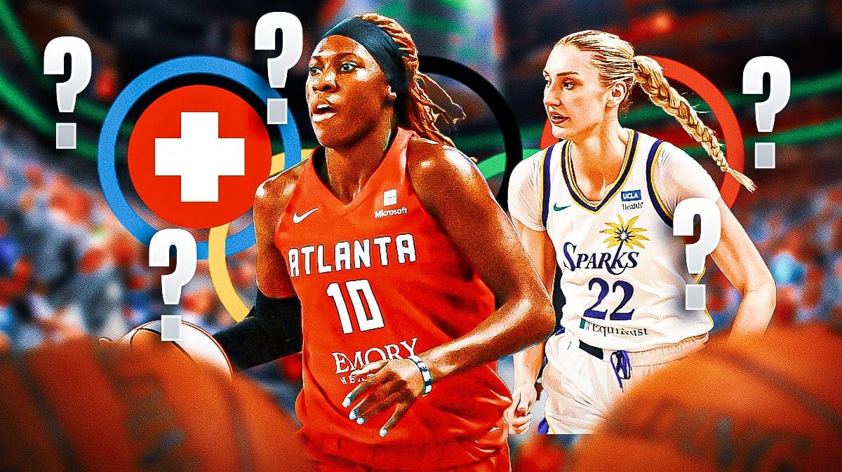 WNBA Atlanta Dream player Rhyne Howard, with the injury symbol and question marks surrounding here, with Los Angeles Sparks player Cameron Brink somewhere in the background, and the Olympic Rings somewhere in the background too.