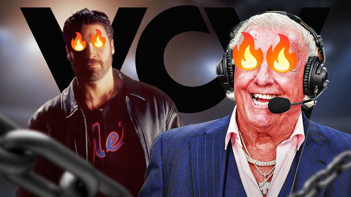 Ric Flair with fire over his eyes and Vince Russo with first over his eyes with the WCW logo as the background.