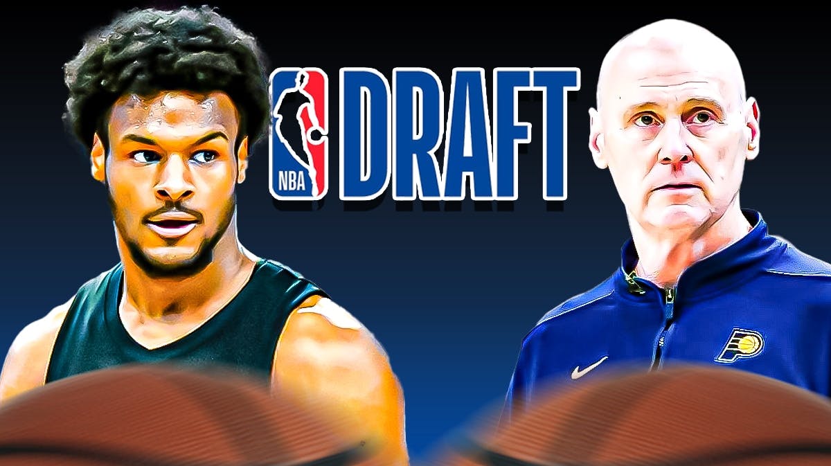 Bronny James in a blank jersey alongside Rick Carlisle with the NBA Draft logo in the background