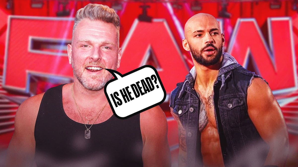 Pat McAfee with a text bubble reading "Is he dead?" next to Ricochet with the RAW logo as the background.