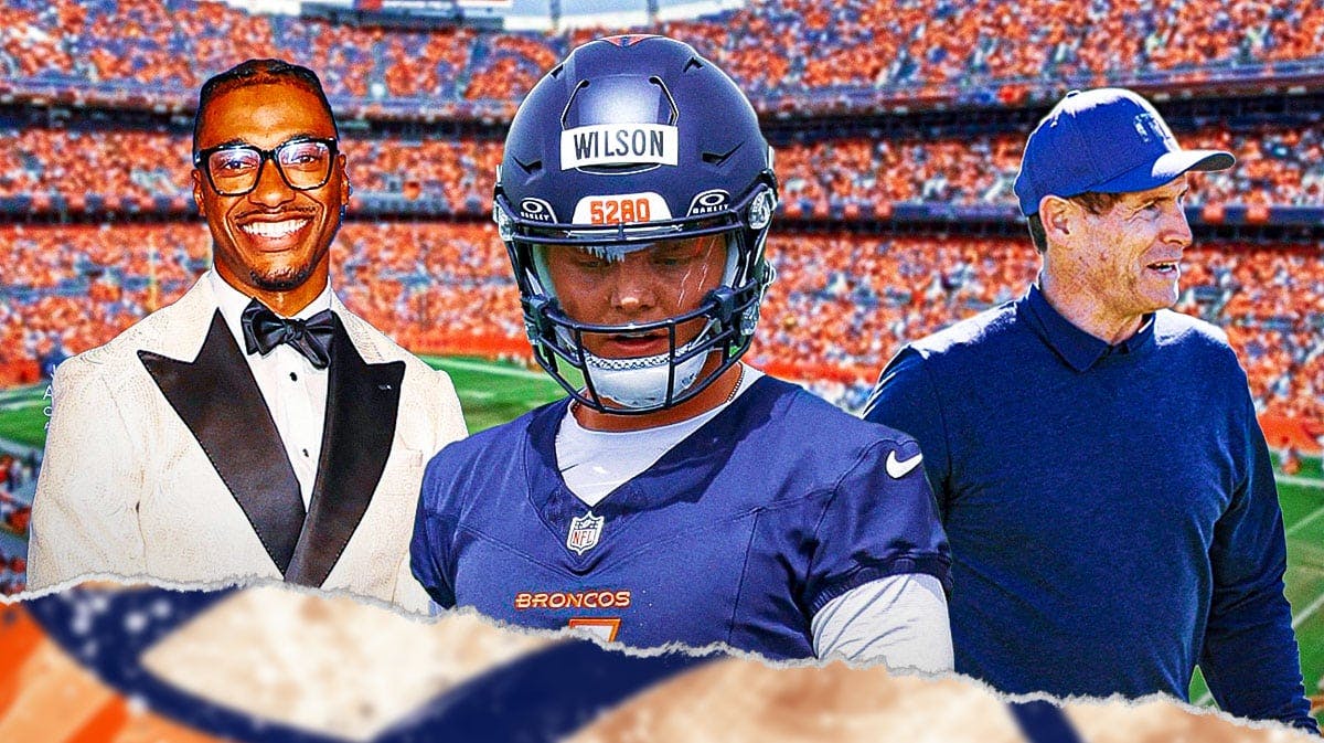 Denver Broncos QB Zach Wilson with former NFL QBs Robert Griffin III and Steve Young. There is also a logo for the Denver Broncos.
