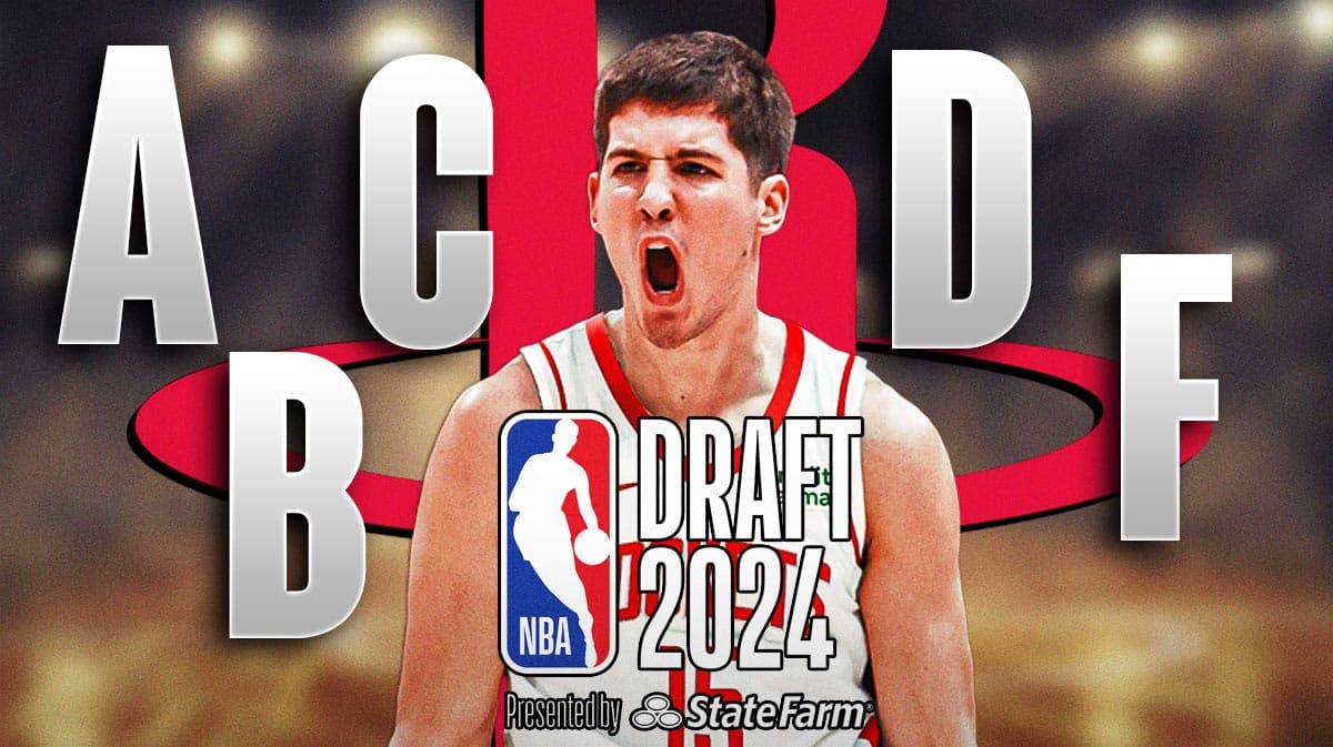 Reed Sheppard in a Rockets jersey with each letter grade (A, B, C, D, F) around the graphic. Rockets logo and 2024 NBA Draft logo in front.