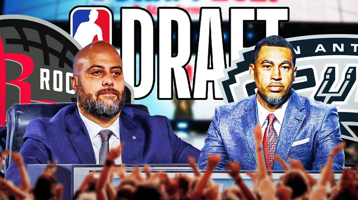 Rockets' Rafael Stone and Spurs' Brian Wright in front of the 2024 NBA Draft logo