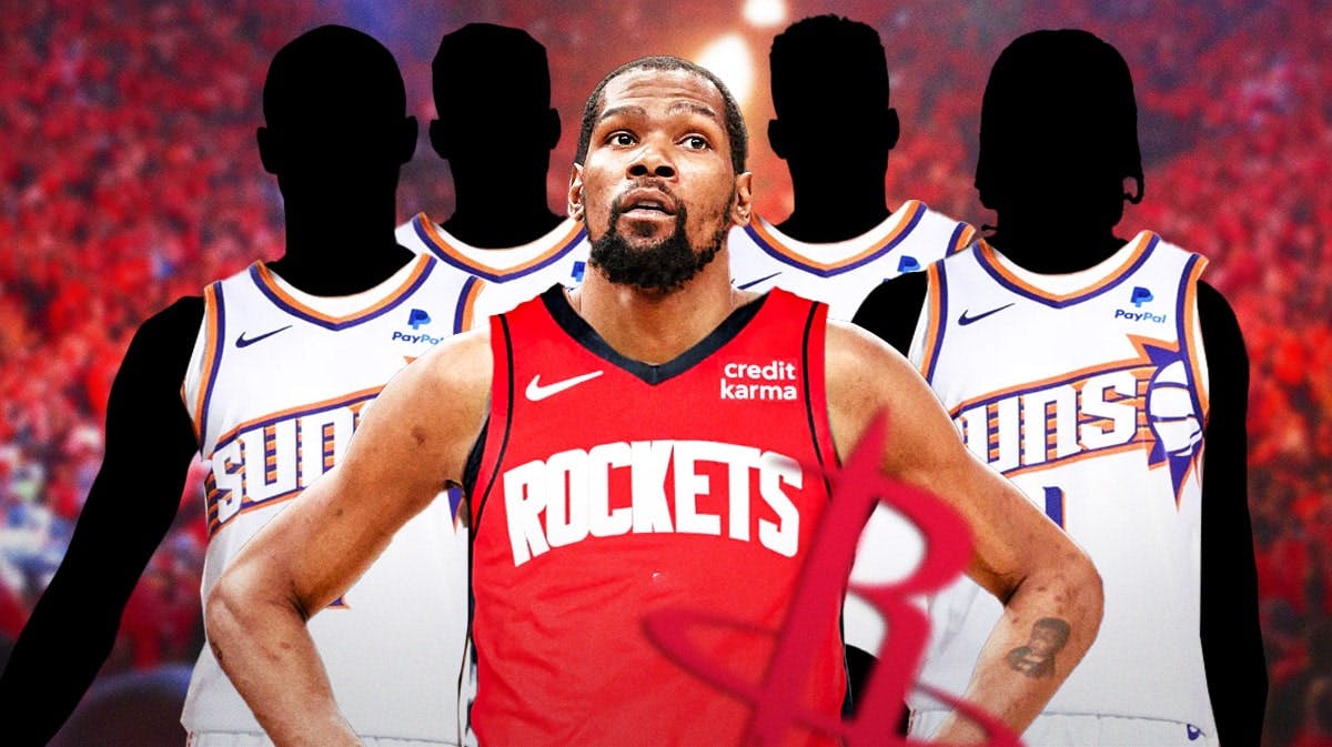 Kevin Durant in Rockets uni, Jabari Smith Jr., Cam Whitmore, and silhouettes of Jeff Green and Tari Eason in Suns unis
