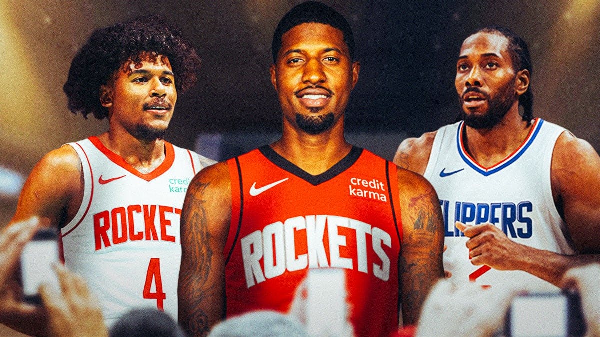 Clippers' Paul George in a Rockets uniform in the middle, with Jalen Green to his left and Kawhi Leonard to his right