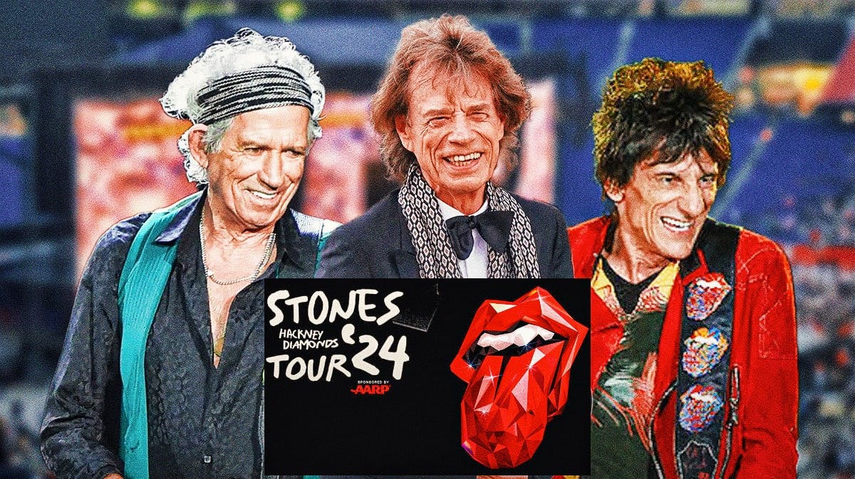 The Rolling Stones members Keith Richards, Mick Jagger, and Ronnie Wood with Hackney Diamonds tour logo and stadium background.