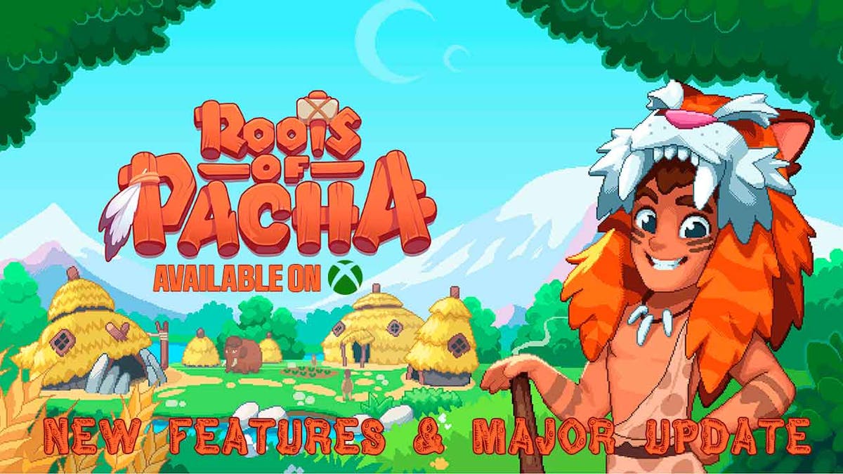key art for roots of pacha, with xbox logo, and text new features & major updates
