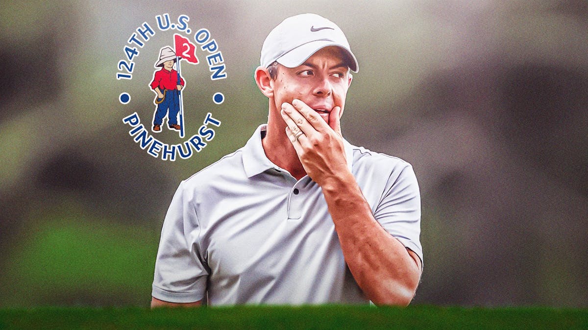 Rory McIlroy looking in the distance after a big swing. US Open 2024 Golf logo in the background.