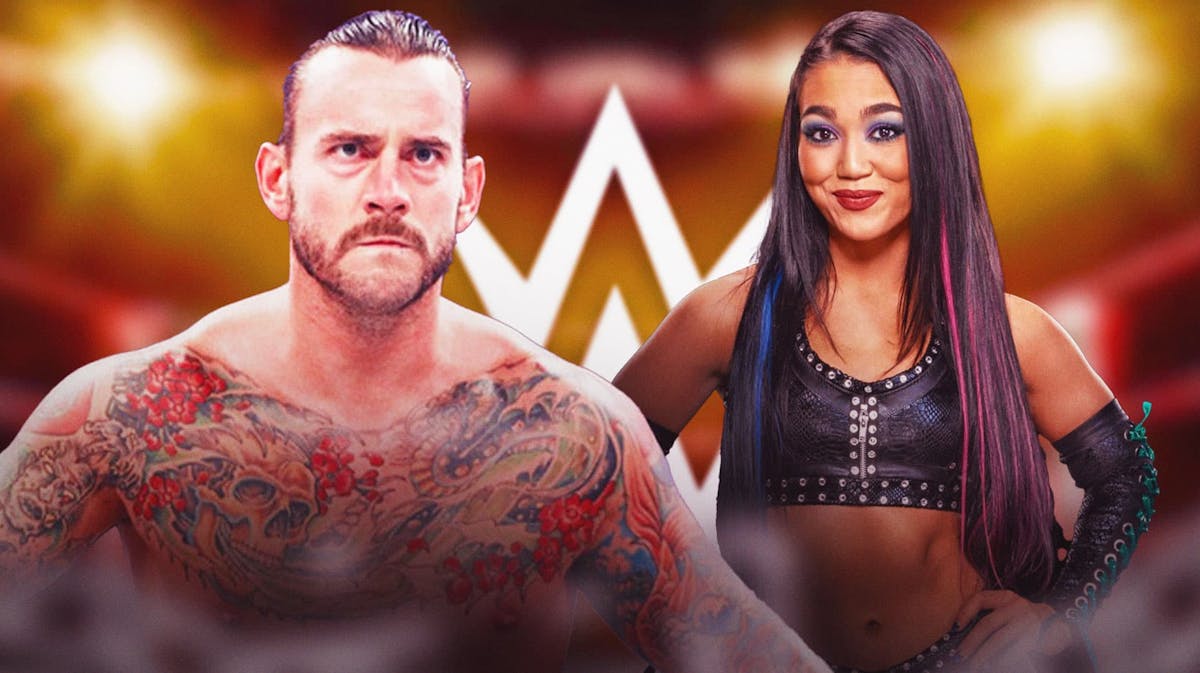 Roxanne Perez next to CM Punk with the WWE logo as the background.