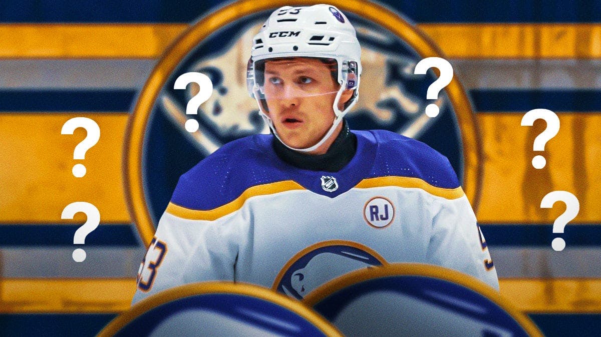 Jeff Skinner in middle of image looking stern, Buffalo Sabres logo, 3-5 question marks, hockey rink in background