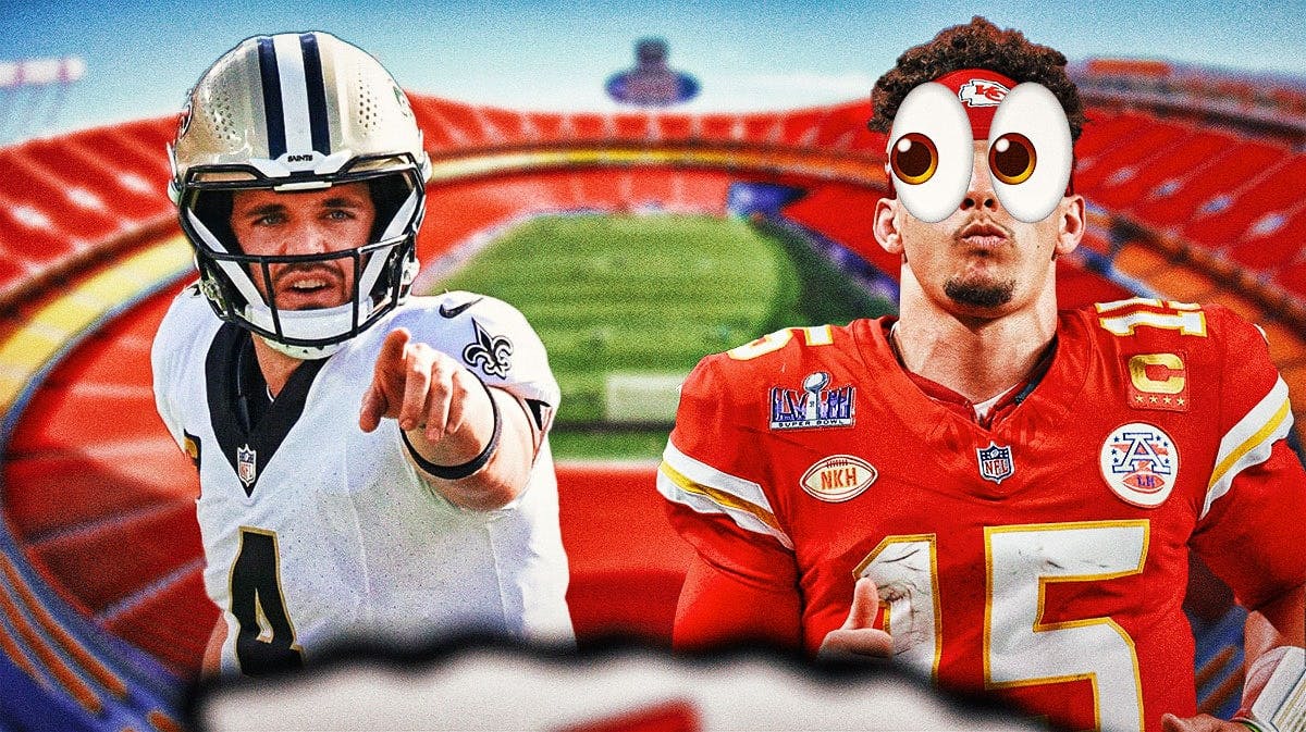 Arrowhead Stadium as the background, Derek Carr on one side, Patrick Mahomes on the other side with the big eyes emoji over his face