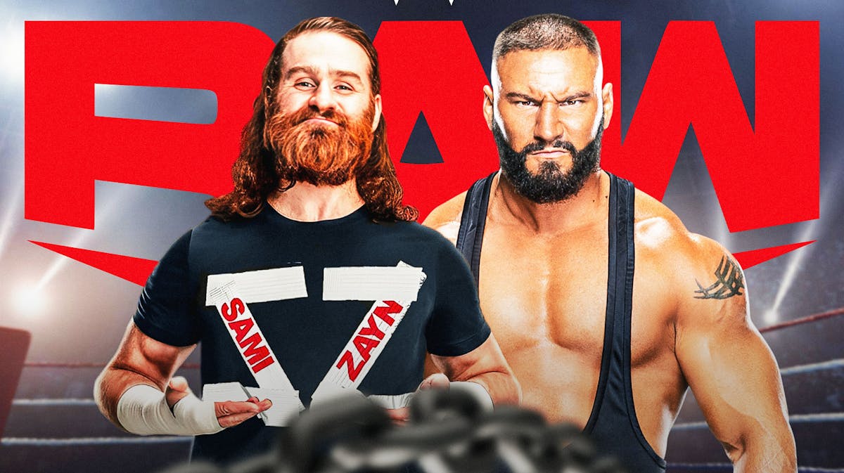 Sami Zayn next to Bron Breakker with the RAW logo as the background.