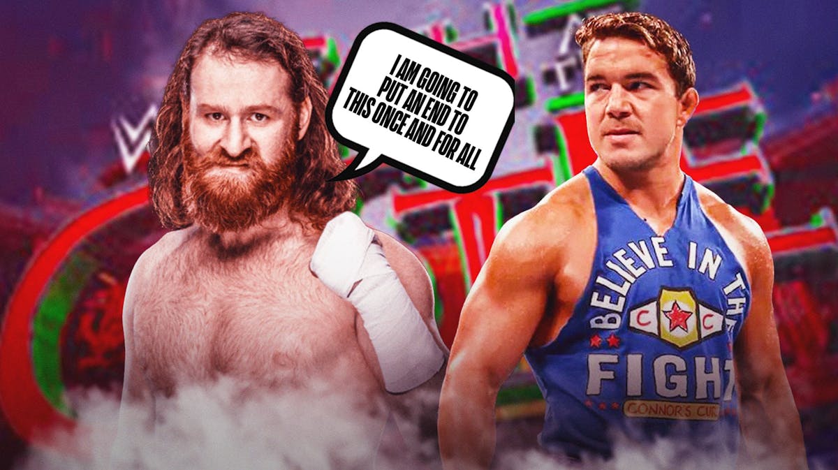 Sami Zayn with a text bubble reading "I am going to put an end to this once and for all" next to Chad Gable with the Clash at the Castle logo as the background.