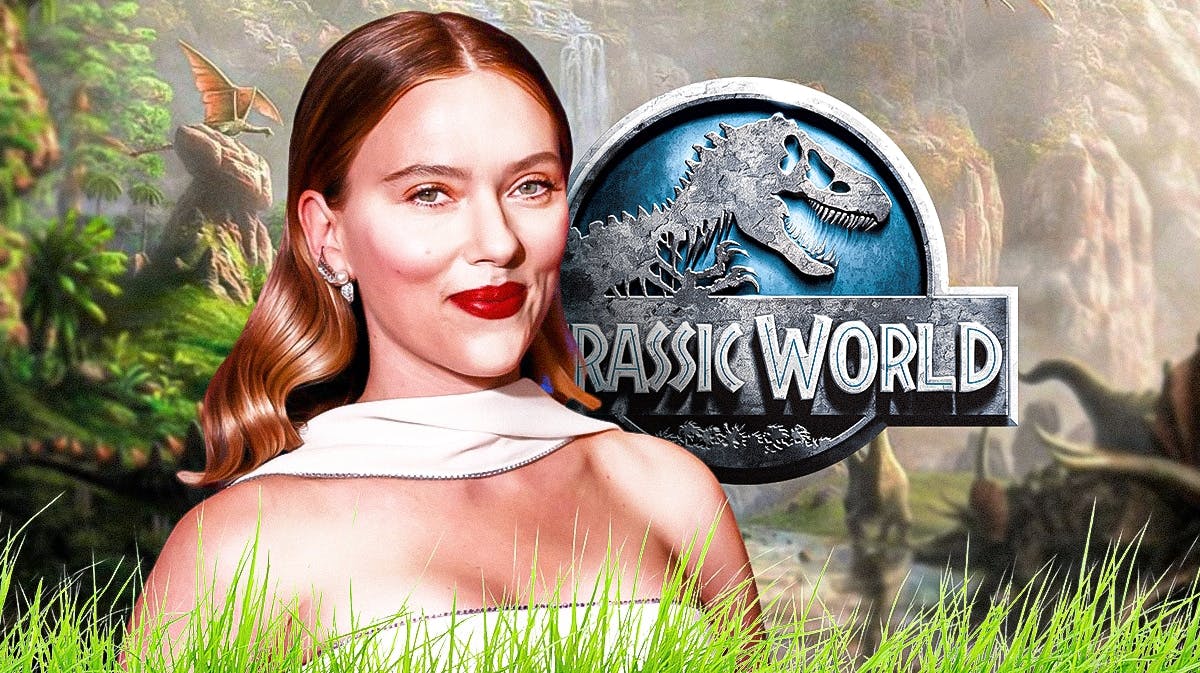 Scarlett Johnasson, star of Jurassic World 4, with logo and Jurassic Park background.