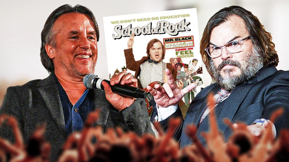 Richard Linklater and Jack Black with School of Rock poster.