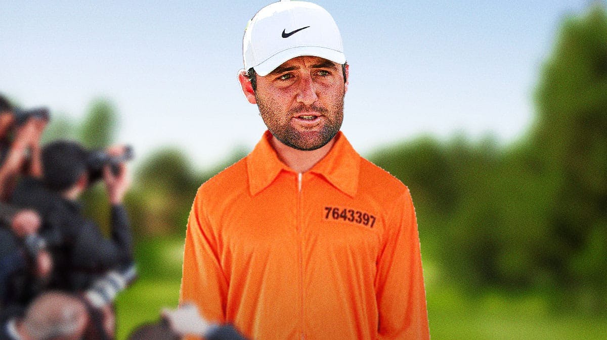 Scottie Scheffler standing in prison orange uniform in front of golf course