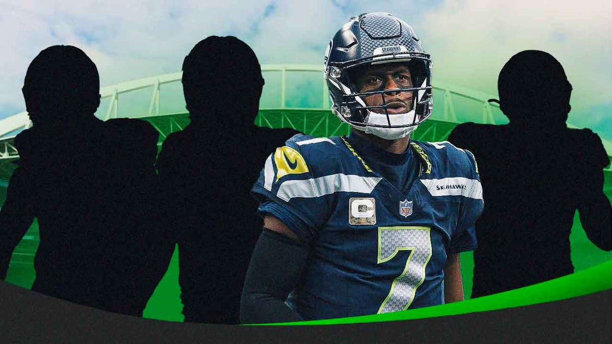 Geno Smith in the middle, 3 mystery players around him, Seattle Seahawks wallpaper in the background