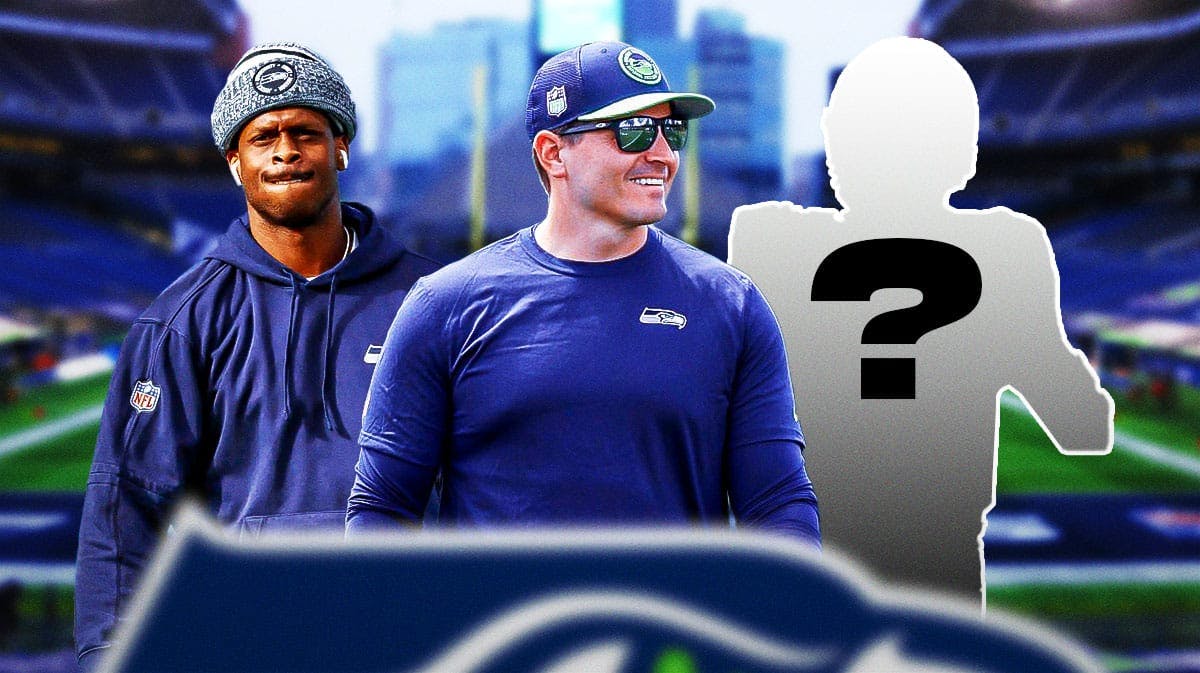Seattle Seahawks head coach Mike MacDonald with QB Geno Smith and a silhouette of an American football player with a big question mark in the middle. There is also a logo for the Seattle Seahawks.