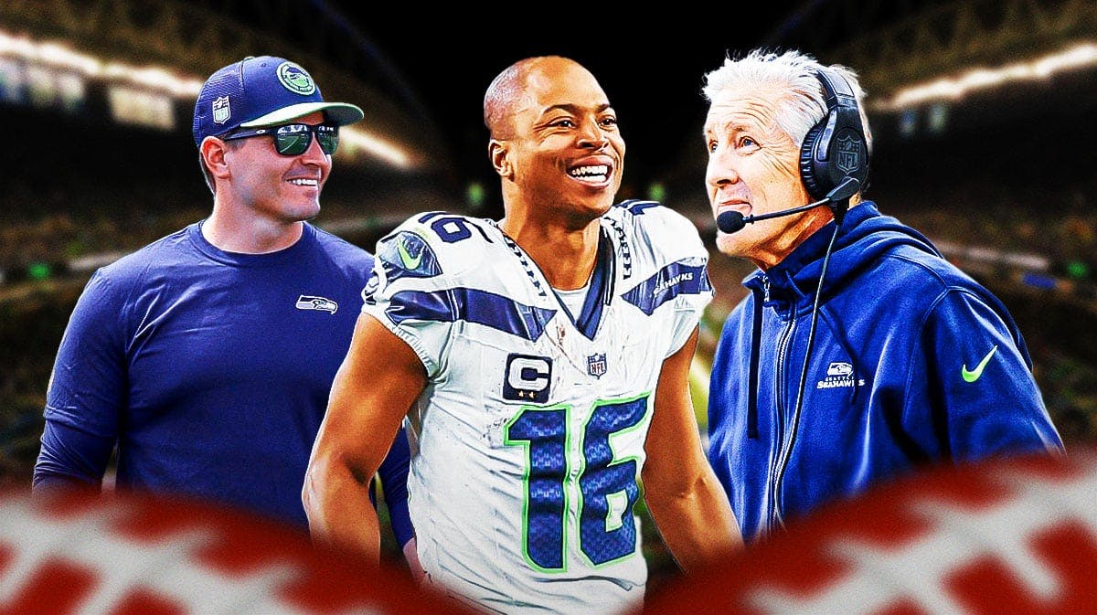 Tyler Lockett with Pete Carroll and Mike Macdonald in background