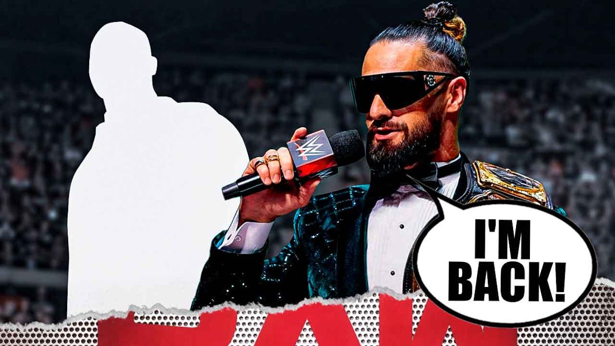Seth Rollins with a text bubble reading "I'm back!" next to the blacked-out silhouette of Damian Priest with the RAW logo as the background.