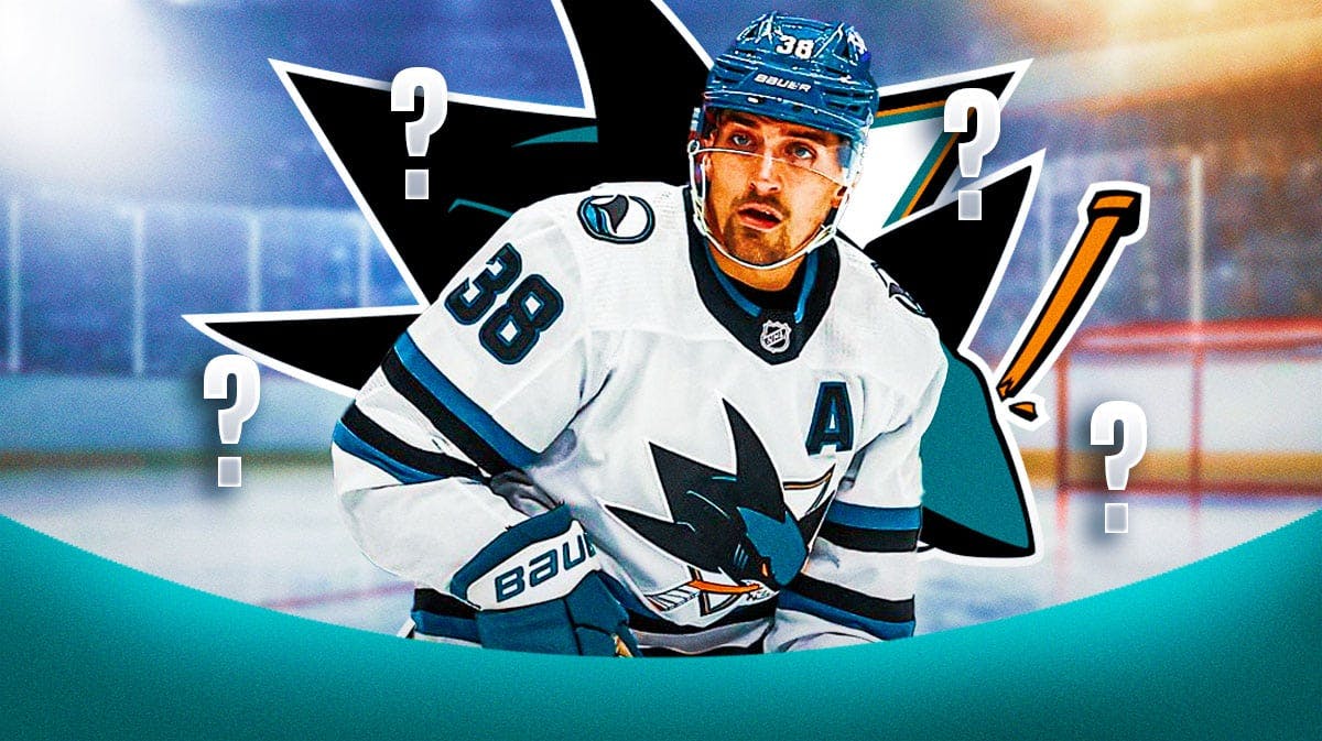 Mario Ferraro in middle of image looking stern, 3-5 question marks, San Jose Sharks logo, hockey rink in background