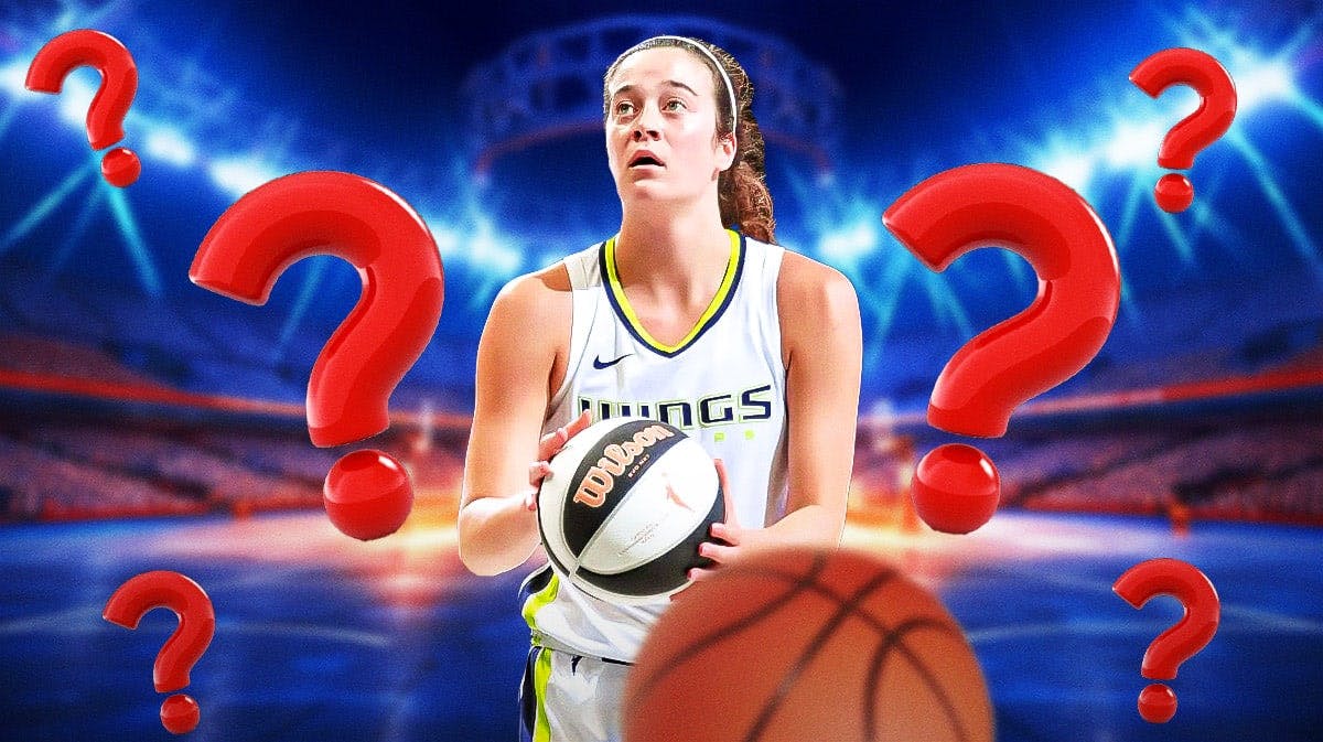 Wings Maddy Siegrist shooting a basketball with question marks all around her.