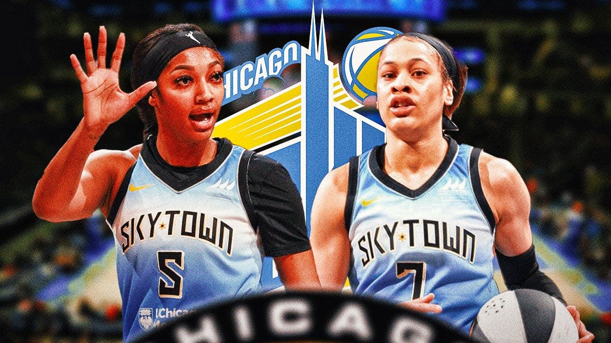 Chicago Sky forward Angel Reese with guard Chennedy Carter. There is also a logo for the Chicago Sky.