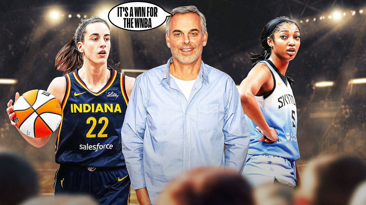 Colin Cowherd speech bubble: It's a win for the WNBA. Caitlin Clark and Angel Reese on both sides.
